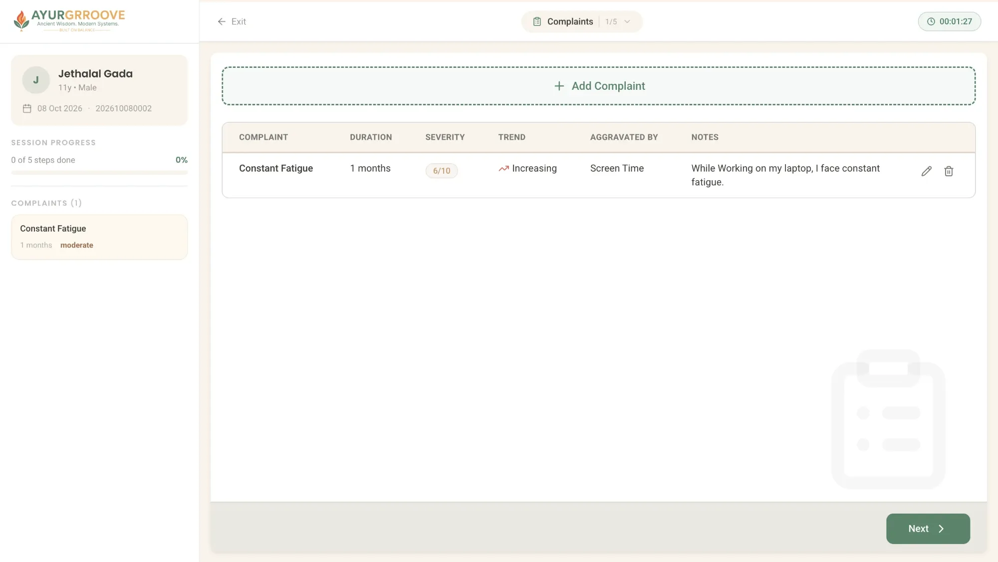 Ayurgrroove complaints step showing duration, severity, trend and aggravating factors