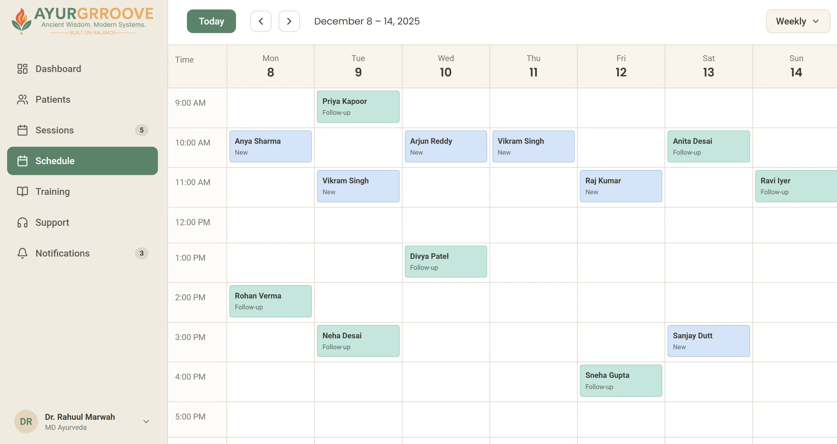 Ayurgrroove scheduling view
